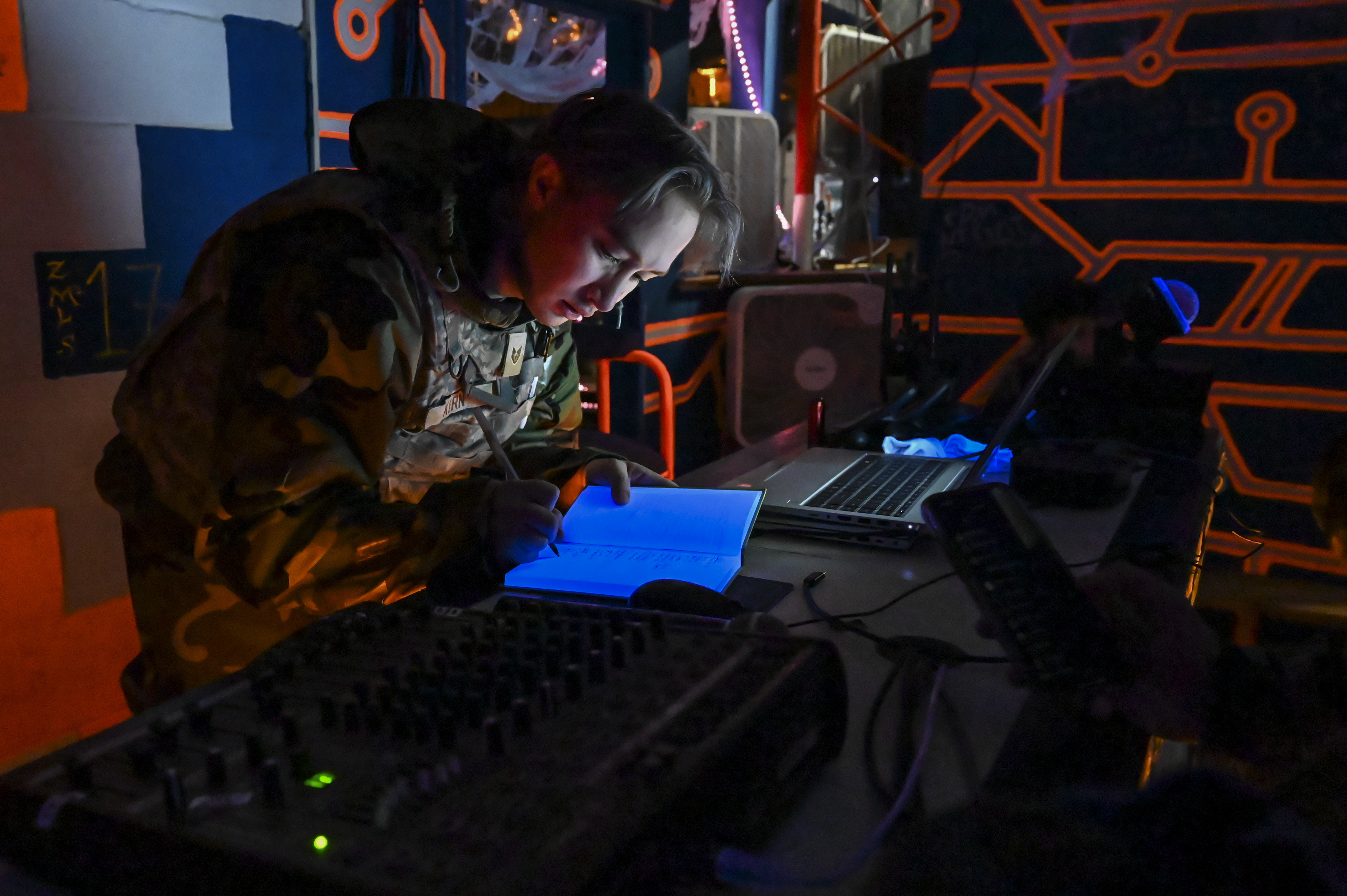 Air Force Staff Sergeant Henry Kern, 8th Communications Squadron data operations journeyman, takes notes during exercise Beverly Sentinel25-1 at Kunsan Air Base, South Korea, November 15, 2024 (U.S. Air Force/Maria Umanzor Guzman